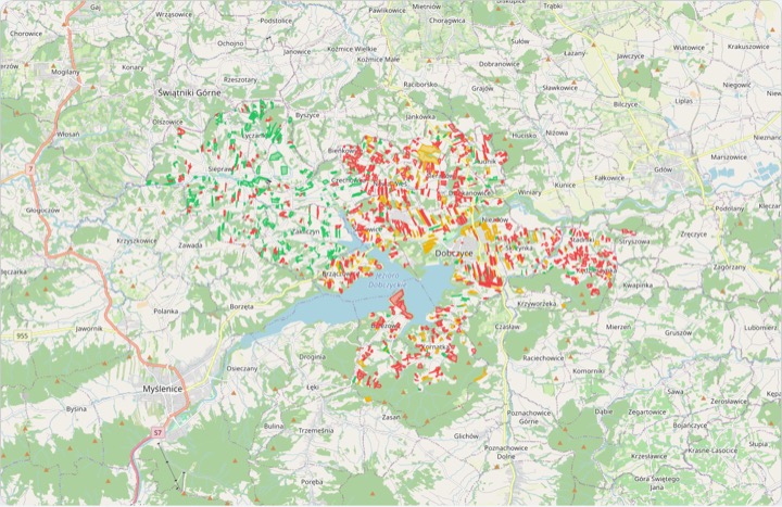Miniatura mapy działek z wniosków: Siepraw na zielono, Dobczyce na czerwono